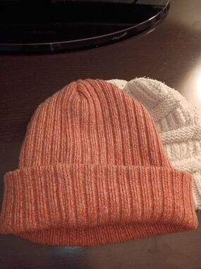Rust Orange Ribbed Knit Beanie Hat - Women
